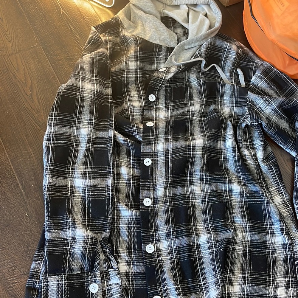 Black and grey button up flannel with hood